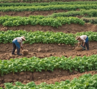 A lush green agricultural field with men and women working amidst the crops. The landscape is dotted with palm trees and a distant mountain range under a clear sky. Various poles are erected throughout the field, and there are signs of water irrigation.