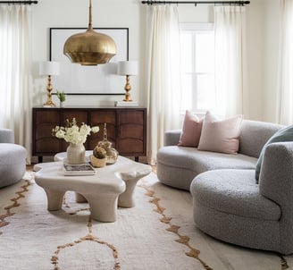 a living room with a couch and chairs