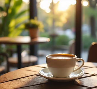 a cup of coffee on a table with a view of the sun
