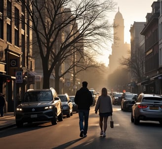 a couple walking down a street in the city