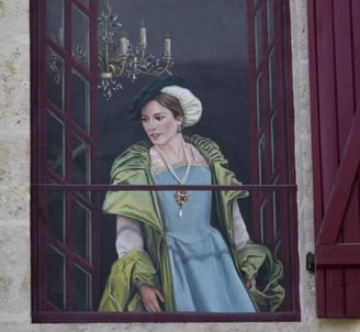 Trompe-l'oeil peint pour un château à Maisod, une fenêtre ouverte, une femme en costume d'époque.