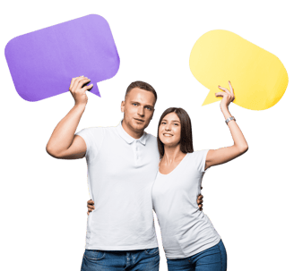 a man and woman holding up two speech bubbles