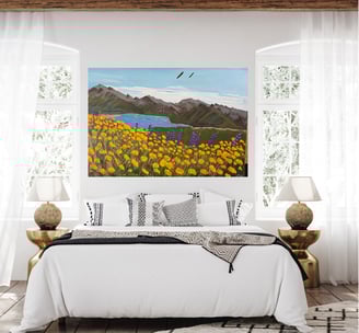 Bold acrylic painting of Bartlett Lake and yellow poppies by Aimee Carlson