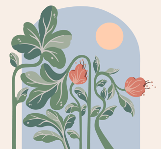 a plant with flowers and leaves on a blue sky