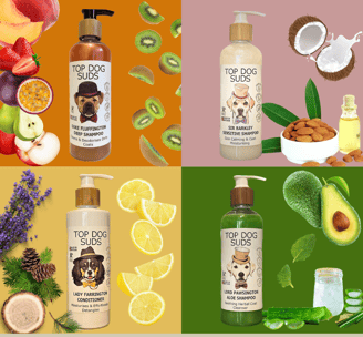 a collage of various dog shampoo products