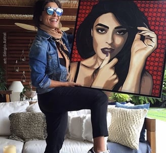Uma pintura vibrante no estilo Pop-Art de um retrato, com cores intensas e contornos marcantes.