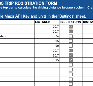 Business Trip Registration Form with instructions for distance calculation and API key setup