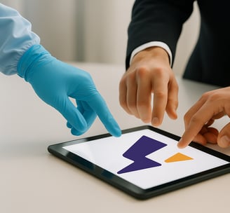 Three persons touching a tablet