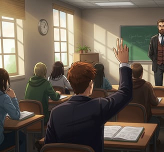 a man standing in front of a classroom with a chalkboard