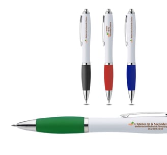 stylo à bille blanc avec embout en caoutchouc de couleur