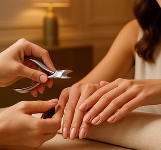 Uma mulher elegante recebendo cuidados de manicure em um salão de beleza de luxo. As mãos têm aparên