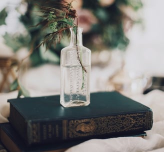 Bouteille en verre contenant une plante posée sur un livre ancien