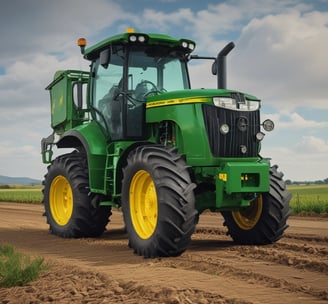 A Caterpillar agricultural tractor with large rubber tracks is parked on grass. The machine has a sleek yellow and black design, with the recognizable CAT logo on the side. The tractor features a spacious cabin with large windows and various machinery parts are visible.