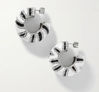 Luxury crystal-embellished hoop earrings with black and white enamel design.