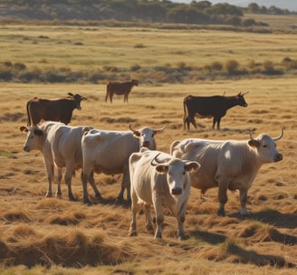A rural landscape features a large expanse of farmland with patches of grass and tilled soil. A white cow grazes in the foreground, set against the backdrop of fields stretching into the distance. Trees line the horizon, creating a lush backdrop under the clear blue sky. A person is seen walking in the middle ground near the cow.
