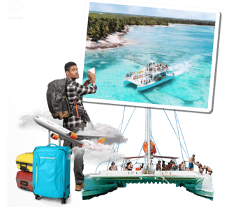 a man sitting on a boat with a suitcase
