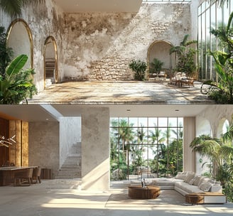 Renovacion arquitectónica: restauración de espacio antiguo a sala moderna con diseño tropical