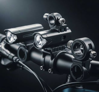 A close-up, dark and moody studio shot showcases sleek, black plastic bike mounts designed for cycling accessories.