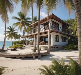 An aerial view of a luxury waterfront property with a contemporary architectural style featuring geometric shapes and a terracotta-colored roof. A sleek white boat navigates the adjacent dark green water. A rectangular swimming pool is visible in the backyard, surrounded by palm trees and a patio.