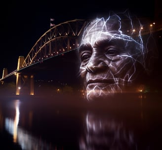 water mist screen hologram telling stories on Brisbane river, projection mapping