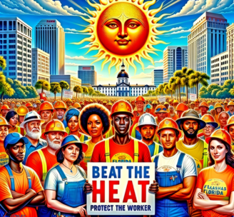 a poster of a man holding a sign that says beat the heat