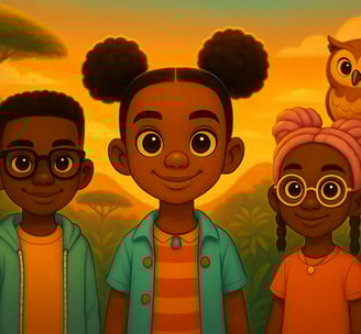 three children standing in front of a sunset