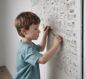 A young child with a yellow headband and striped apron is seated on a wooden structure, holding a tablet displaying drawings. Beside the child is a green apple and a clear plastic cup. The image has vibrant and colorful surroundings, including a green carpet and colorful objects.