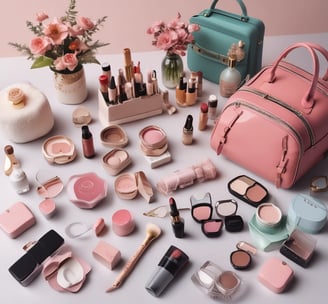 A showcase of cosmetic gift sets arranged on white shelves, featuring a range of products with vibrant retro packaging. The sets include various skincare and beauty items, each labeled with unique design and branding. The packaging has a vintage aesthetic with images and bold fonts.