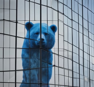 blue bear leaning on glass building