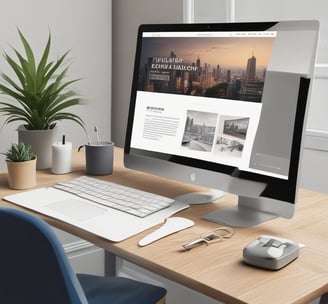 A laptop displaying a website design with the phrase 'Build your dream website.' next to a minimalistic building image. The scene also includes a modern mug and a smartphone placed on a wooden desk.