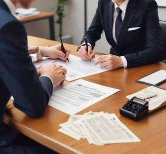 A man and a woman are seated at a desk signing a document while a notary observes the signatures.