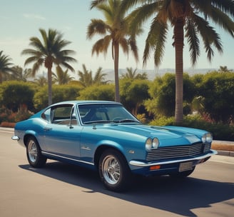 A picture of an older, blue, sports car on a road with palm trees in the background.