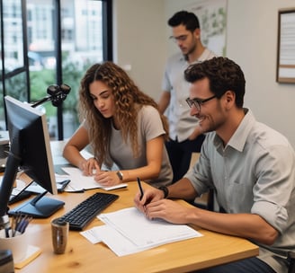 A picture of a man and a woman seated at a desk with a computer completing an online notarization.