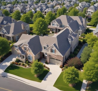 An aerial view of a residential area shows a construction site in the center, surrounded by roads and several houses with red roofs. The site features partially built structures with exposed concrete and construction materials. Greenery and trees fill the surrounding landscape, along with additional houses featuring swimming pools.