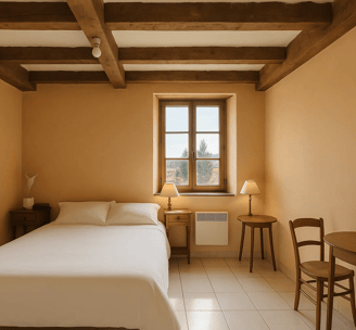 a bedroom with a bed and a table with a table and chairs