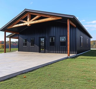 modern cabin with black metal siding barndominium style