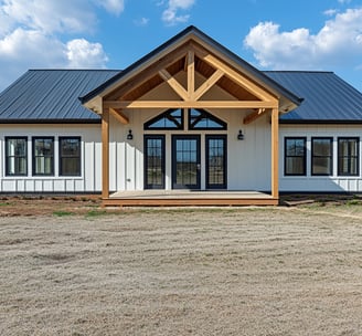 a house plan with a black roof and white siding