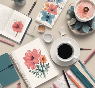A journal with a simple design of a white branch and leaves on a brown cover rests on a table. Next to it, a box of stationery supplies, including tape and colored circles, is visible. A pen is tucked into the journal, which sits on top of a closed burgundy folder.