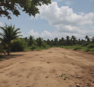 A weathered brick building facade features an artistic mural on its garage door, depicting a busy scene in greyscale. Vines grow over the white wall and the old wooden door in the center, providing a touch of greenery. An old, faded sign above the mural reads 'Real Estate.' The setting is illuminated by sunlight.