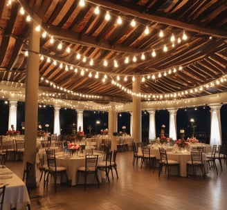 A beautifully decorated outdoor event space at night, featuring a floral archway adorned with lush greenery and white flowers. Behind the archway, tables are set up with chairs, each dressed with dark covers tied with bows. The atmosphere is festive, highlighted by string lights and hanging lamps casting a warm glow.