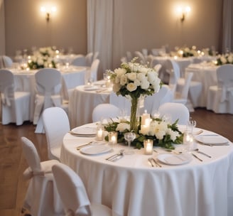 An elegantly decorated event hall with round tables covered in white tablecloths and red accents, such as chair bows and floral table centerpieces. The room has draped curtains and wooden beams, with stage lighting in the background.