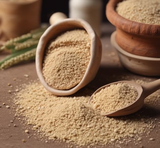 A pile of white flour sits on a wooden surface, accompanied by a wooden scoop and two sprigs of wheat.