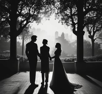 An indoor wedding ceremony with a bride in a white dress and a groom in a dark suit standing before a priest. The setting is a church with arched windows and brick walls. A child in a white robe stands nearby holding a book.