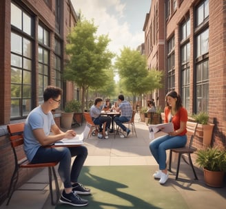 a group of people sitting on a bench in a courtyard