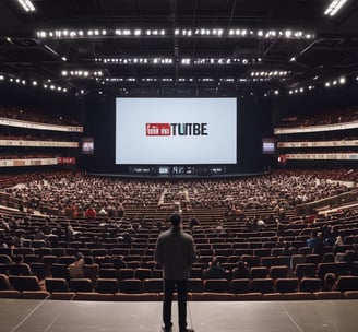 a man standing in front of a large screen in a large auditorium