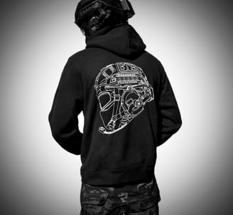 Helmet diagram on black hoody
