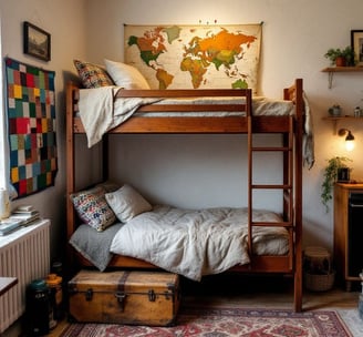 a bunk bed with a bed and a desk