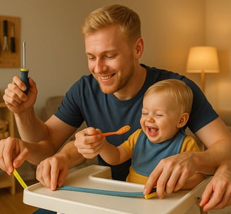 a man with multilple hands holding a baby's spoon and a baby