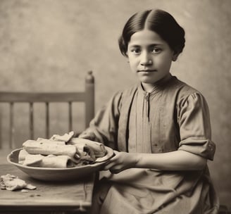 A homemade cake with textured frosting sits on a blue patterned plate. Surrounding items include scattered flour, a rolling pin, eggs, a handwritten recipe in a notebook, photographs, and a bowl of apples. The setting is rustic, with a wooden table surface.