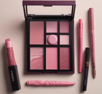 A selection of beauty products is arranged on a marble surface. On the left, two tubes of lotion are displayed, both featuring elegant cursive branding. In the center, an intricately designed perfume bottle with a stylish dress motif is prominently featured. To the right, makeup brushes with shiny metallic handles stand upright in a sleek holder. A black mascara tube lies in the foreground. The composition is accentuated by soft natural light and subtle shadows.